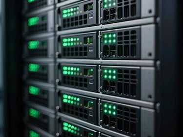 Macro close-up of high-density server racks with subtle green LED indicators, moody server room lighting, technical macro, 35mm