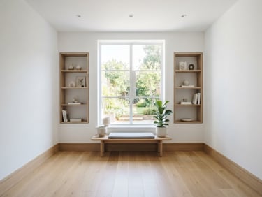 Straight-on architectural photograph of a bright modern room, natural daylight, crisp white walls and perfectly aligned oak baseboards, sharp focus, 35mm lens