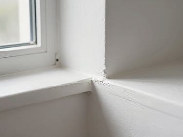 Macro detail shot of a perfectly smooth sheetrock joint, crisp white primer, clean natural window light, sharp focus