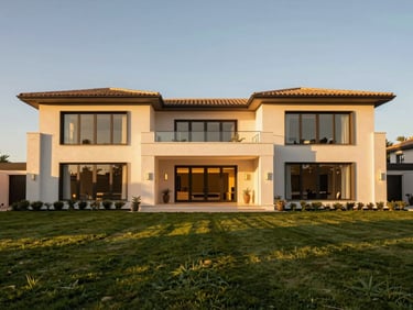 Wide panoramic shot of a modern luxury villa facade in the Algarve at golden hour, manicured lawns, architectural lighting, high-end real estate, 35mm