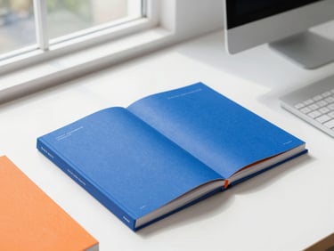 Flat-lay desk arrangement with brand guidelines book, modern workspace, electric blue and safety orange accents, natural window daylight, sharp focus, 35mm