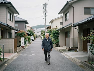 Editorial photojournalism, natural light, a quiet residential street in suburban Tokyo with an elderly resident walking