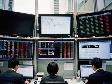 Editorial photojournalism, 35mm documentary style, the trading floor of the Tokyo Stock Exchange, screens with financial data