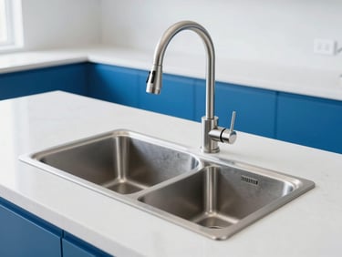 Stainless steel kitchen sink with a high-arc faucet, integrated into a white quartz countertop in a bright, modern kitchen, bright cool daylight, bold blue and white tones, crisp clean focus, 35mm lens