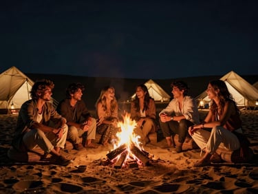 Cinematic wide-angle shot of young stylish travelers laughing around a bonfire at a luxury desert camp in Rajasthan, deep night sky, warm lantern glow casting long shadows.