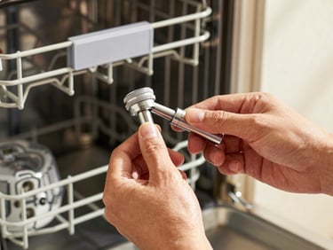 Close-up of hands fitting a replacement spray arm into a dishwasher rack, warm kitchen window light, the machine interior visible behind the component