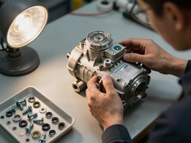 Overhead close-up of a technician's hands holding a refrigerator compressor on a workbench, original manufacturer label visible, a small organized tray of screws and seals beside it, warm tungsten work light from the left
