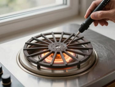 Close overhead shot of an oven heating element being tested with a probe, the element removed and resting on a steel surface, natural daylight from a kitchen window above