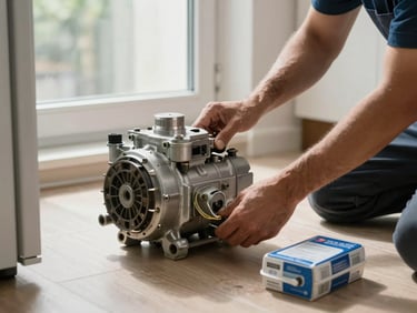 Technician's hands removing a refrigerator compressor unit on a kitchen floor, natural daylight from a nearby window, genuine replacement part beside it still in packaging