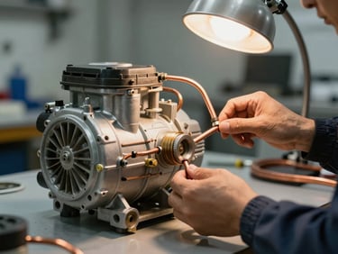 Technician hands removing a refrigerator compressor from its housing on a workshop bench, copper tubing visible, warm tungsten work light illuminating the component detail