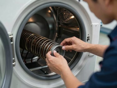Technician's hands inspecting a dryer heating coil on a laundry room floor, the dryer panel removed, warm indoor ambient light, coil detail sharp against a gray metal housing