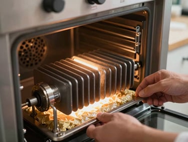 Close-up of a heating element being lifted from an oven cavity by a technician's hands, warm work light illuminating the element and surrounding insulation, kitchen counter in soft background
