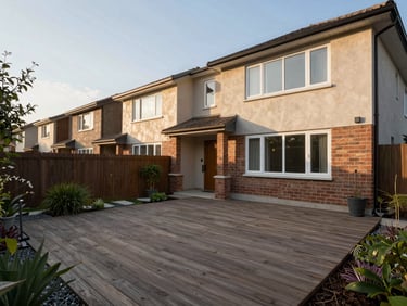 Rear yard of a semi-detached residential property, afternoon light, deck visible, modest garden, fence in background, no filters