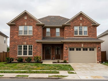 Wide exterior elevation of a two-storey brick residential home, mid-morning overcast light, front yard visible, no filters