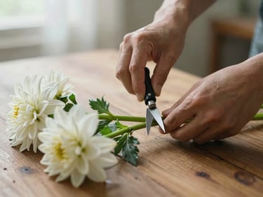 Close-up shot of hands carefully trimming stems of fresh dalias on a rustic wooden table, soft diffused morning daylight, warm and serene atmosphere.
