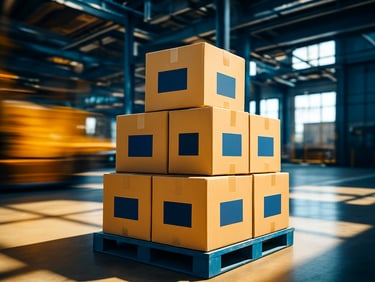 Stack of organized shipping boxes with corporate labels inside a clean logistics hub, high-contrast daylight
