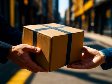 Close-up of a hand handing over a secured cardboard package to a customer, high-contrast daylight, 35mm lens