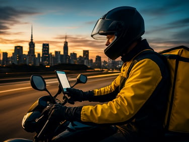 A professional motorcycle courier checking route on a smartphone mounted on handlebars, São Paulo skyline background, dusk lighting