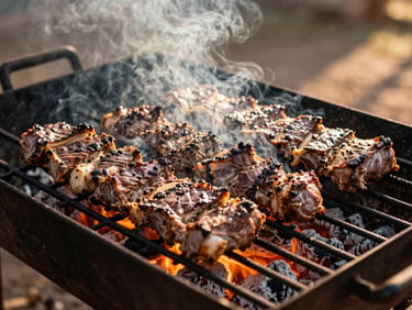 Close-up of slow-cooked Argentine asado over glowing embers, rustic iron grill, smoke rising, warm natural lighting