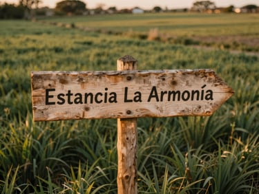 A high-angle warm editorial photograph of a rustic wooden sign pointing towards Estancia La Armonía, surrounding green fields, soft sunset light