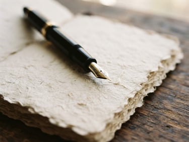 Macro close-up of a fountain pen resting on a heavily textured, hand-torn cotton paper notebook, soft morning window light, warm cream tones, shallow depth of field, 35mm film