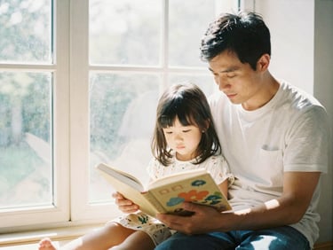 A father and daughter reading a large picture book together on a cozy window seat, soft morning light filtering through the window