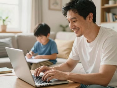 Warm natural light illuminating a comfortable living room where a single father smiles while typing on a laptop, a child drawing quietly in the background, shallow depth of field