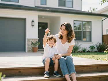 A joyful mother and her young son sitting on the wooden steps of a beautiful modern suburban house, holding keys, bright natural afternoon sun