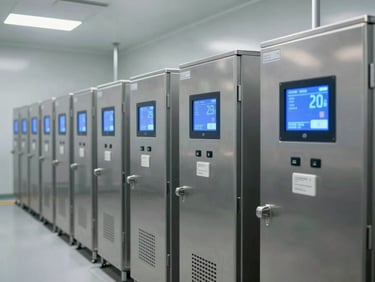 A crisp, high-contrast interior of a modern sterile pharmaceutical warehouse in Switzerland, cold-chain storage units with digital temperature displays showing clinical blue light, clean metal surfaces.