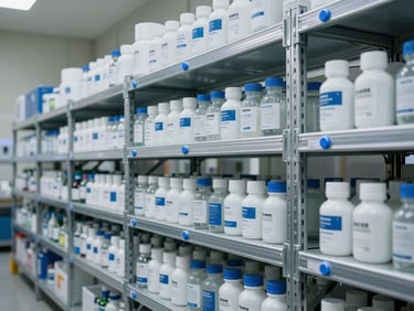 State-of-the-art climate-controlled pharmaceutical warehouse, organized silver metal shelving, precise blue indicator lights.