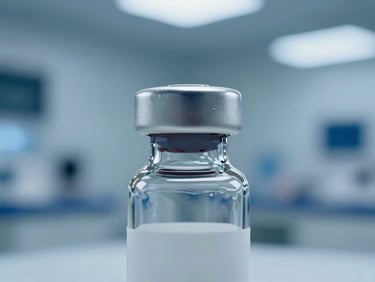 Macro shot of a sterile pharmaceutical glass vial with a tamper-evident aluminum seal, cool clinical blue lighting, clean room environment.