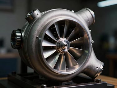 Macro shot of a high-precision turbocharger turbine wheel on a balancing machine, dramatic side-lighting on metallic blades, dark workshop background, high contrast