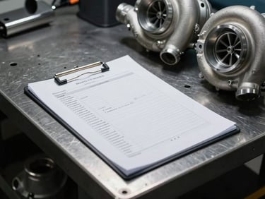 A technical diagnostic report sheet lying on a metal workbench next to clean turbo parts, high contrast workshop lighting