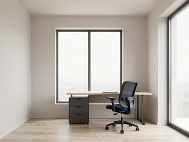 Minimalist Scandinavian style living area in Kaunas, workspace with desk and ergonomic chair, large windows, neutral tones