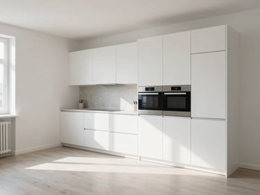 Bright minimalist apartment interior in Vilnius, modern kitchen with integrated appliances, soft natural daylight, clean lines