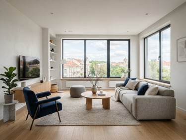 Bright modern Scandinavian living room in Vilnius, large windows, neutral tones, soft natural daylight, minimalist aesthetic, wide-angle architectural shot
