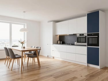 Modern bright kitchen and dining area in a newly built apartment near Rukla, clean oak floors, high-end appliances