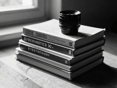 editorial black and white photograph of a stack of vintage cybernetics and systems theory books on a wooden desk, dramatic shadows, raw texture, 35mm lens