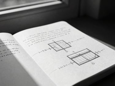 editorial black and white close-up of a system architect's notebook with detailed technical notes and structural sketches, sharp focus, natural side light, grainy film texture
