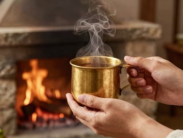 Close-up of hands holding a steaming brass cup of spiced mountain tea inside a rustic stone kitchen, warm firelight illuminating weathered wood textures