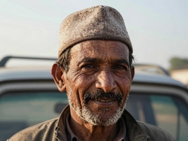 A close-up of a weathered Himachali driver smiling, wearing a traditional wool cap, soft morning sunlight illuminating his face.