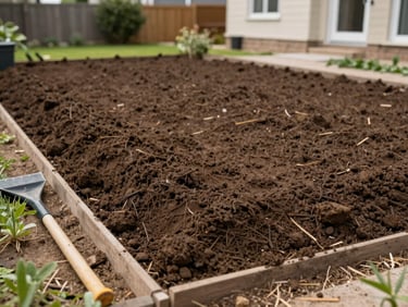 Ground-level view of a freshly levelled garden area with topsoil spread and compacted edges, crew tools visible to the side, natural daylight, residential property background slightly out of focus