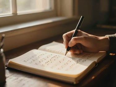 Mãos escrevendo em um caderno com caneta tinteiro, partitura antiga ao lado, luz suave e sombras longas, warm editorial photography, golden-hour window light, rich soft tones, shallow depth of field, intimate cinematic style, 35mm film
