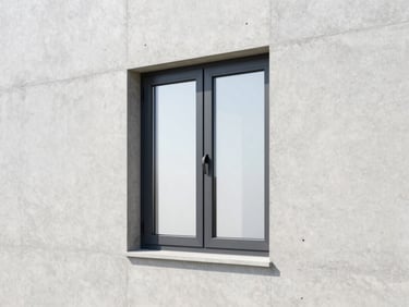 Architectural detail of a modern double-glazed window frame set in a minimalist concrete wall, bright daylight, 35mm lens