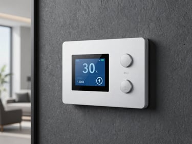 Sleek digital climate control interface mounted on a dark slate grey wall, modern interior, sharp focus, cool tones