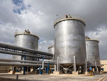 Wide-angle industrial engineering shot of a massive municipal water treatment plant in Egypt under dramatic overcast daylight, highlighting heavy steel surge tanks and complex piping, high contrast, architectural lens.
