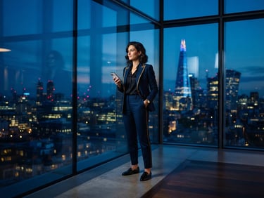 Sleek editorial photography, deep midnight blue studio lighting, sharp futuristic corporate aesthetic, a high-end lifestyle entrepreneur standing in a modern architectural glass building at dusk, cinematic depth