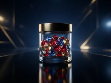 Sleek editorial photography, deep midnight blue and gold studio lighting, sharp futuristic corporate aesthetic, cinematic depth. A premium glass jar of Beauty Gummies on a dark reflective surface with gold accents.