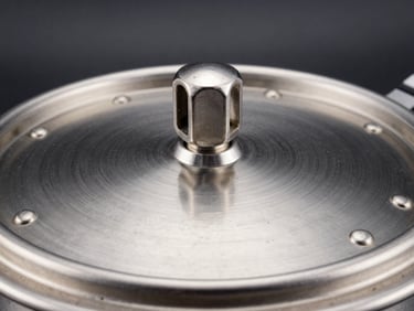 Macro studio photograph of a brushed steel pressure cooker lid, showcasing the precision-molded safety valve and heavy-duty rivets, high-contrast metallic highlights, deep charcoal background, 50mm lens.