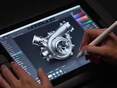 A designer using a stylus on a digital tablet to create a detailed 3D CAD model of a turbocharger.